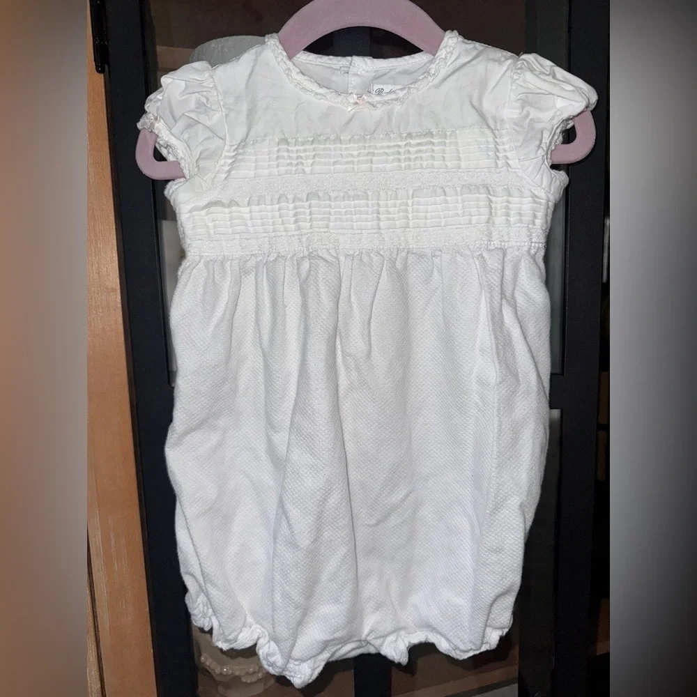 Ralph Lauren heirloom bubble romper lace smock bows ruffle baby girl puff sleeve